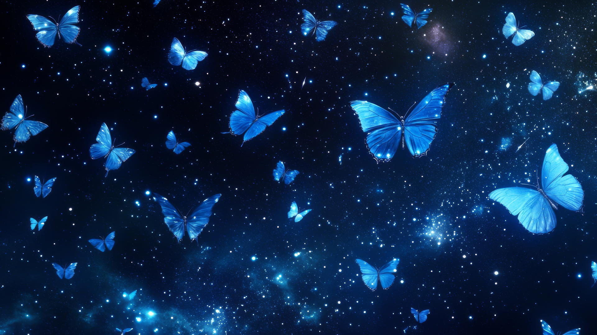 blue butterflies flying in a starry night sky with glowing wings