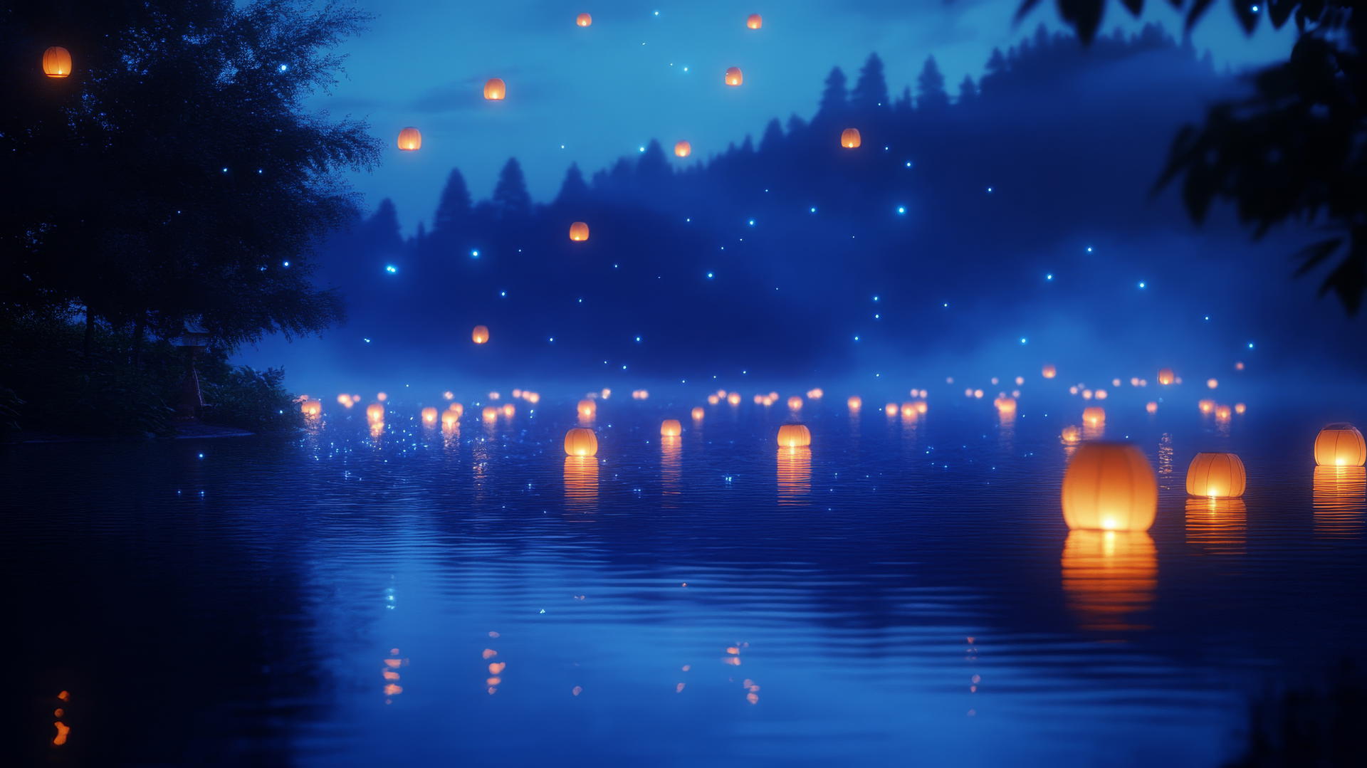 Aesthetic blue wallpaper with floating blue lanterns on a twilight lake