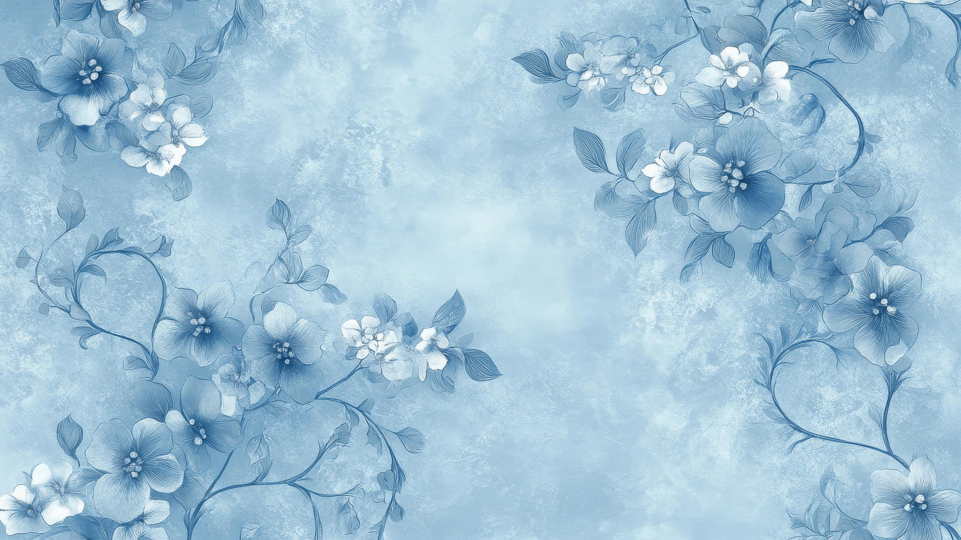 blue floral wallpaper with intricate lace pattern, blossoms, and vines