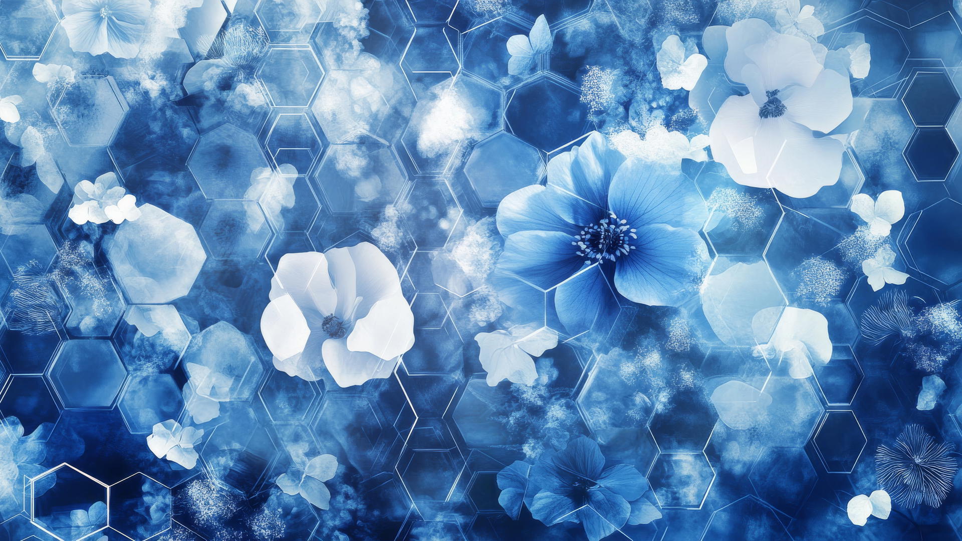 blue floral wallpaper with geometric shapes, including hexagons and triangles