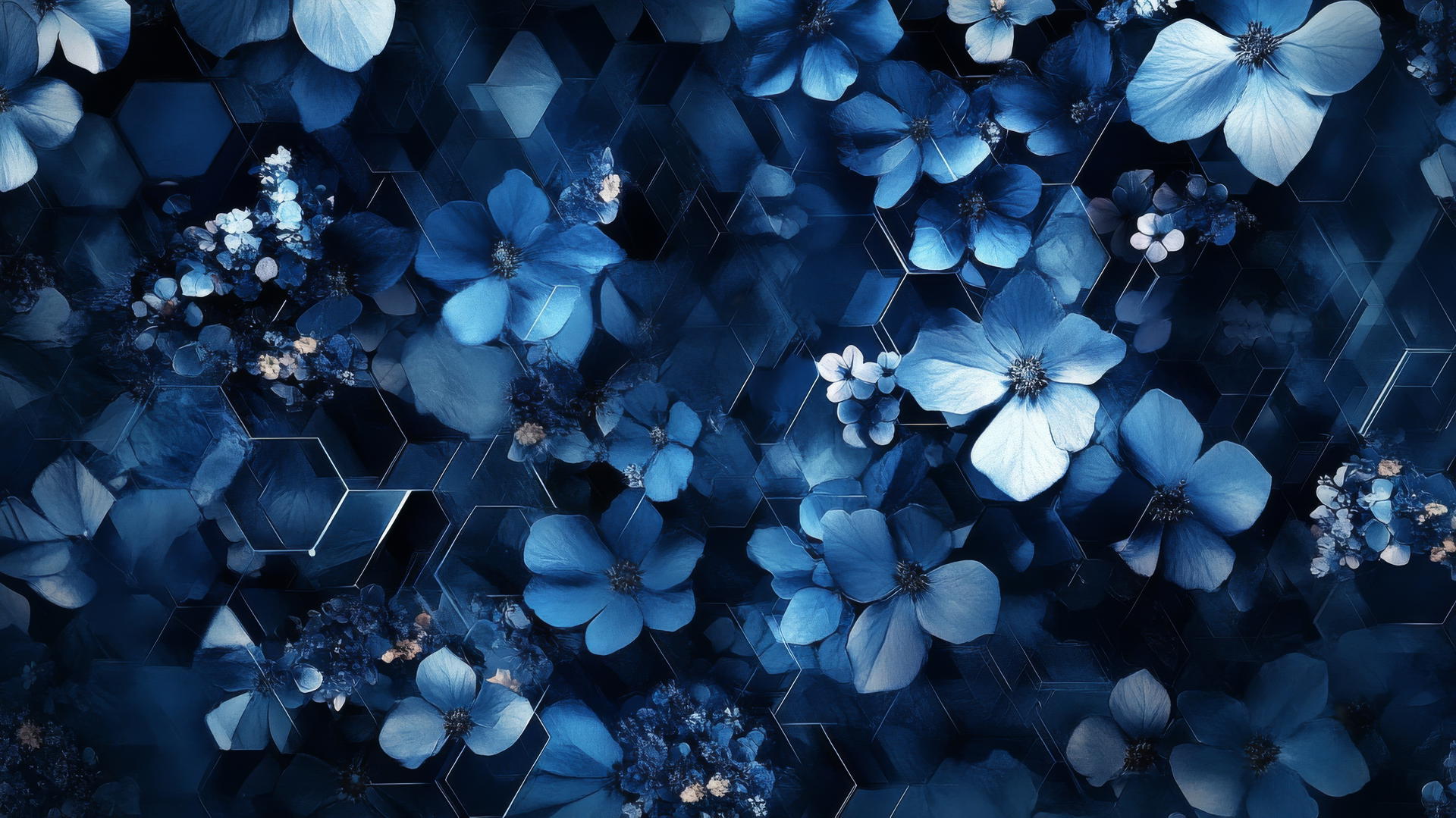 blue floral wallpaper with geometric shapes