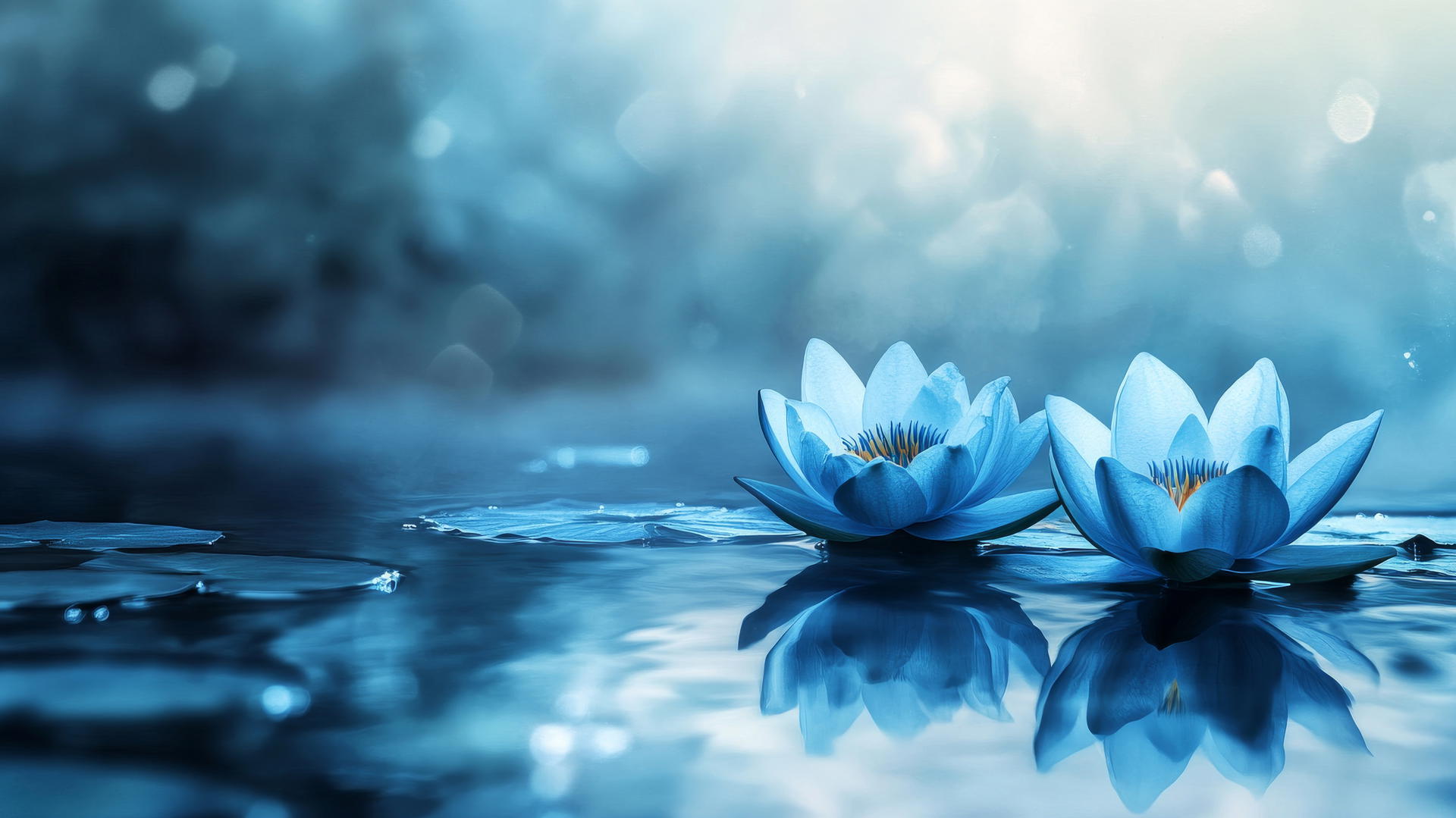 aesthetic wallpaper blue lotus blossoms on still water with reflections and ripples