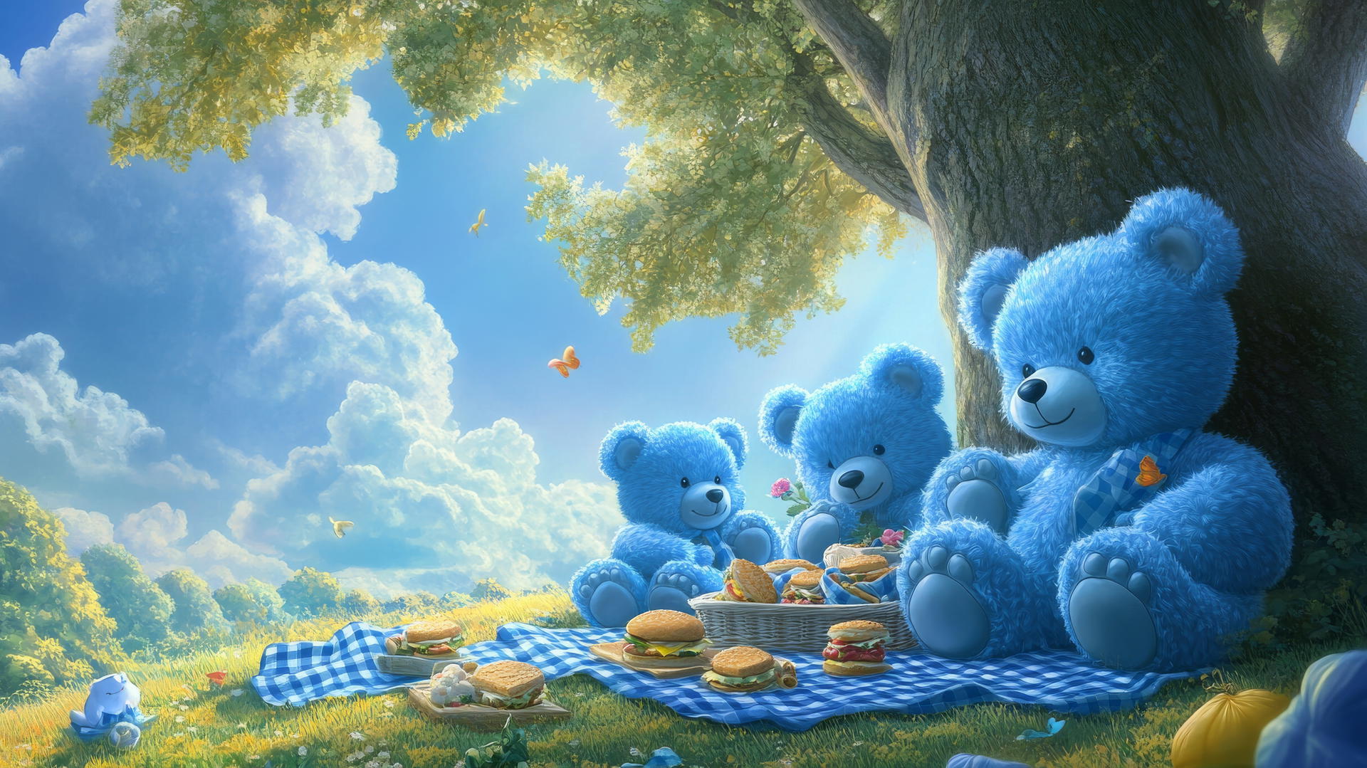 cute blue wallpaper with fluffy blue teddy bears having a picnic under a big tree