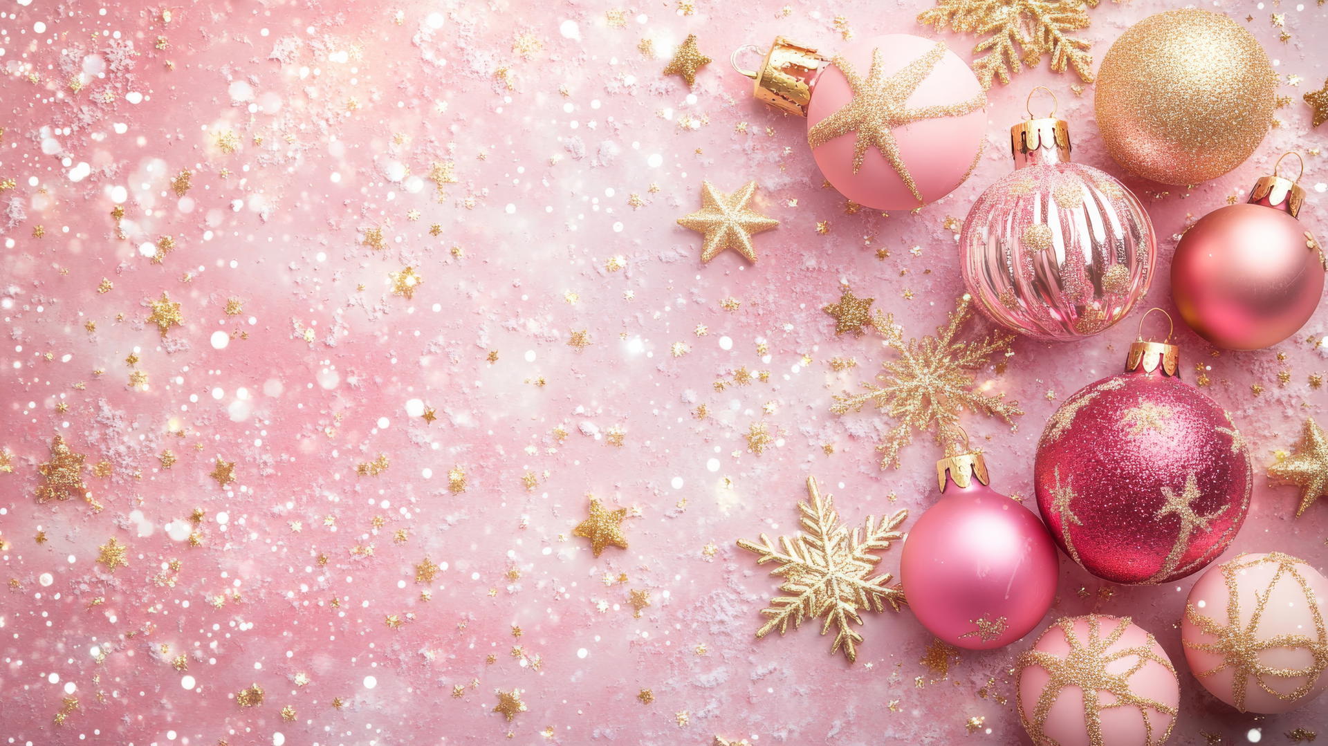 Cute pink and gold Christmas theme with stars, snowflakes, and ornaments.