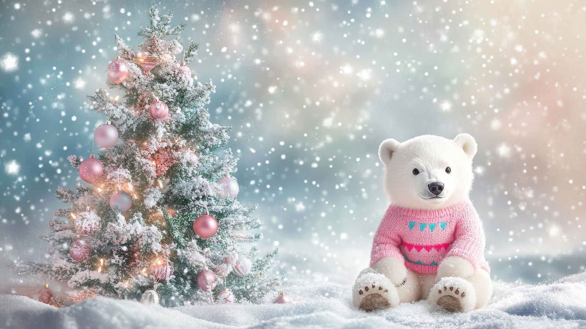 girly cute Christmas wallpaper with a polar bear in a pink sweater next to a pastel Christmas tree