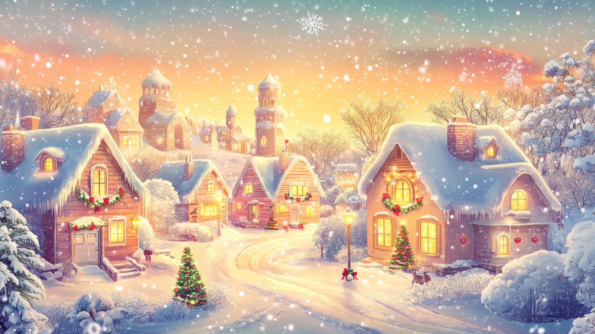 girly cute christmas wallpaper with pastel houses and cute animals