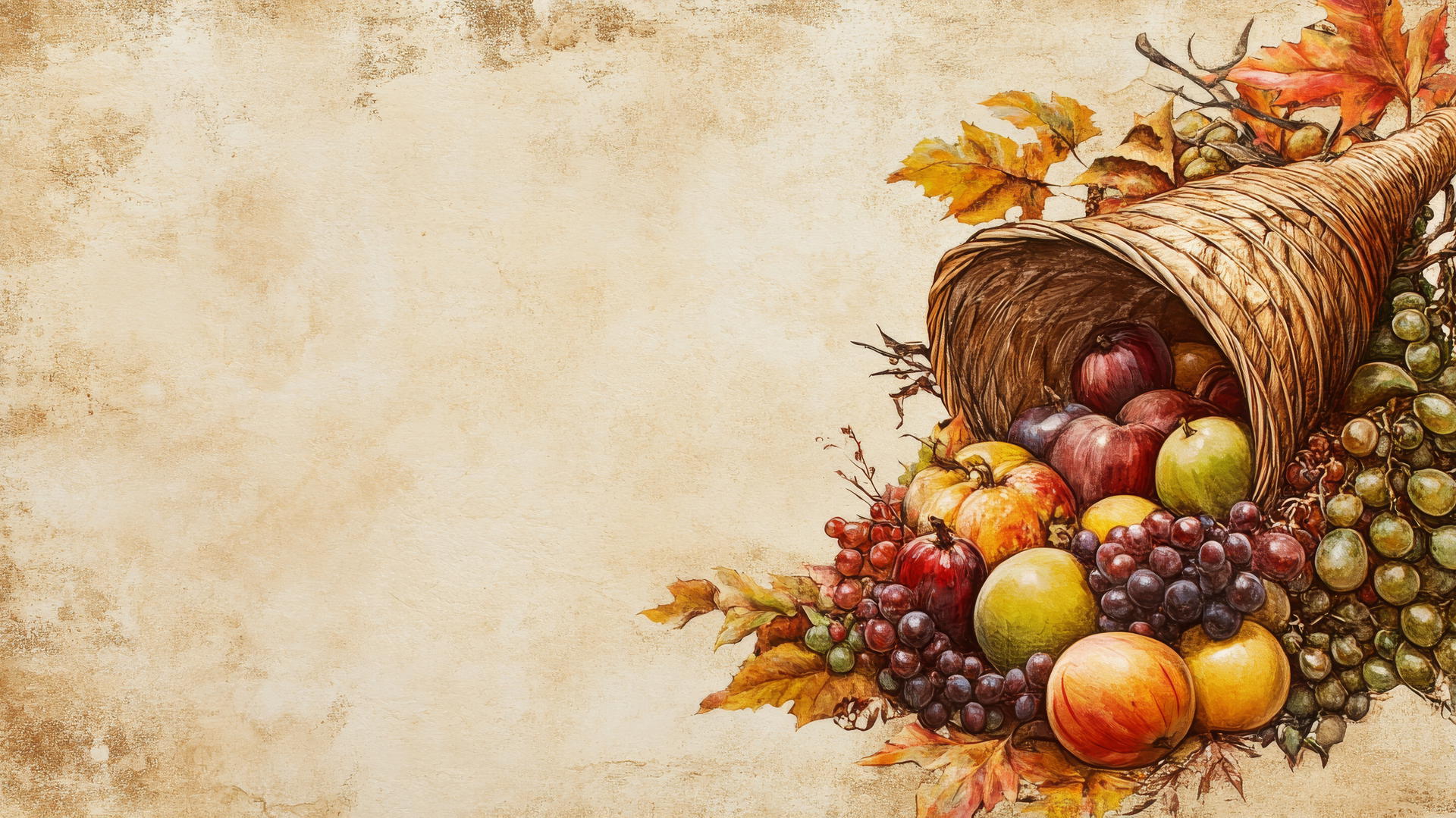 thanksgiving wallpaper with a vintage-style greeting card featuring a cornucopia of fruits and vegetables
