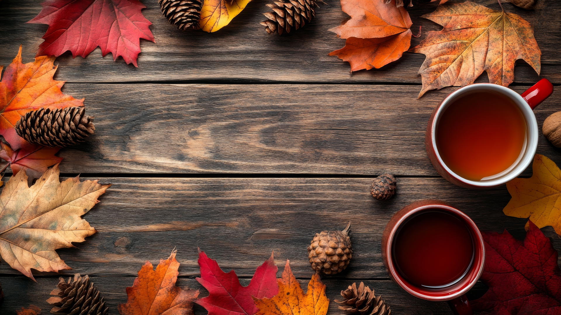 thanksgiving wallpaper with rustic wooden table, autumn leaves, pine cones, and a cup of hot cider