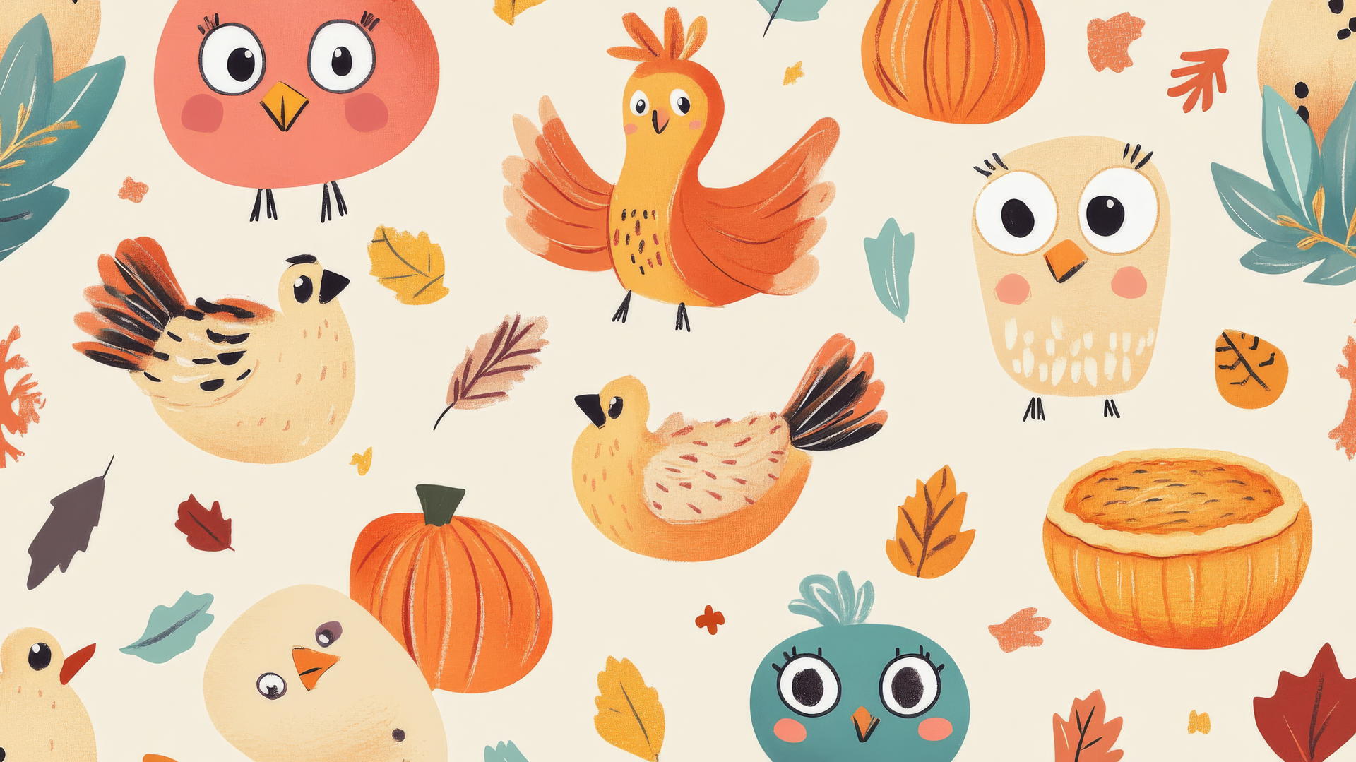 Thanksgiving wallpaper cute with hand-drawn turkeys, pumpkins, and pies on a pastel background