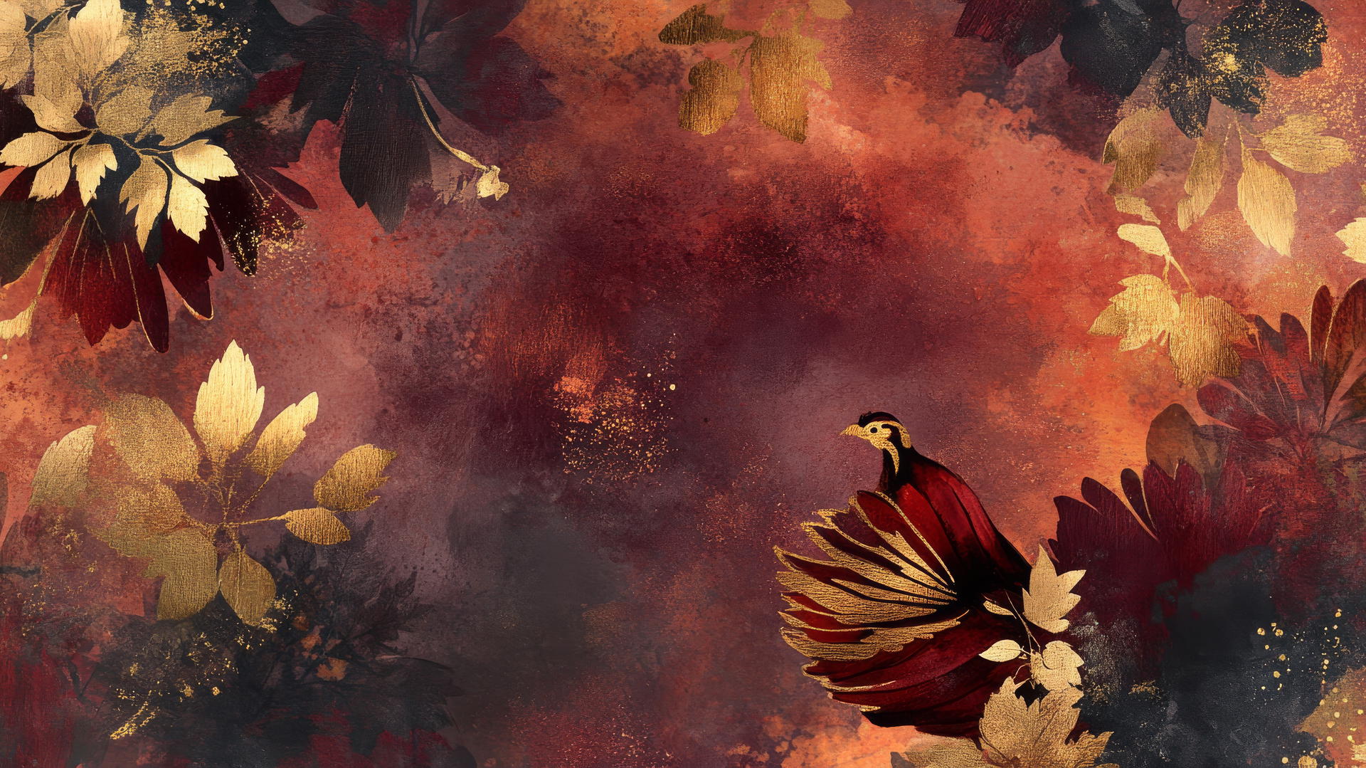 thanksgiving aesthetic wallpaper with abstract watercolor in burgundy, orange, and gold tones featuring turkeys and leaves