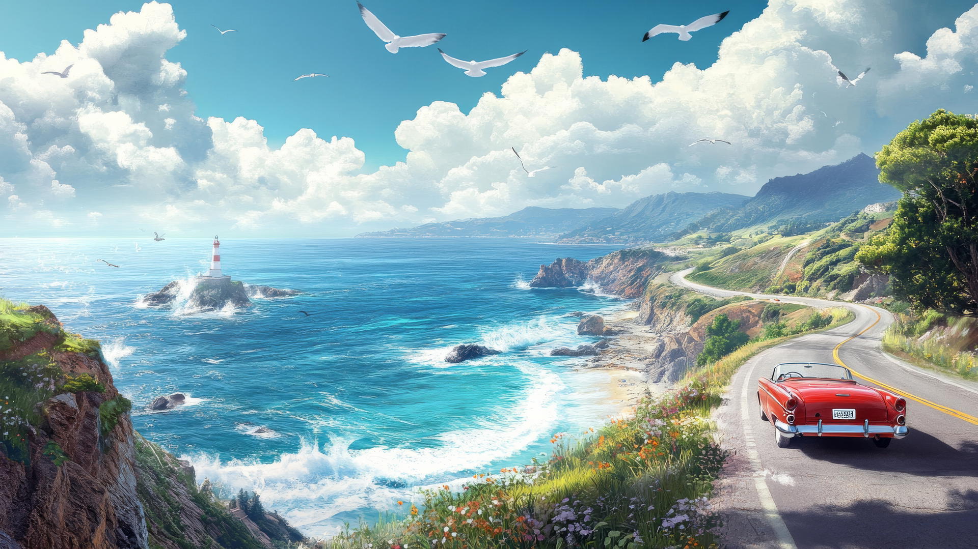 vintage convertible on coastal road with ocean view, summer wallpaper