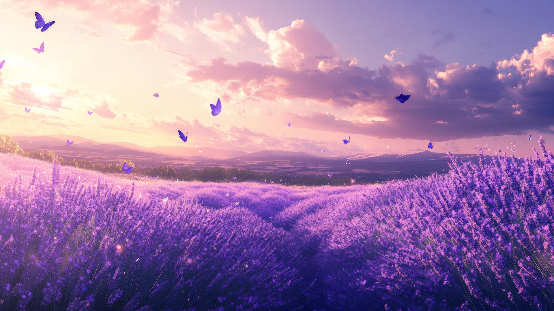 endless lavender fields under a warm summer sky, with butterflies fluttering - summer wallpaper