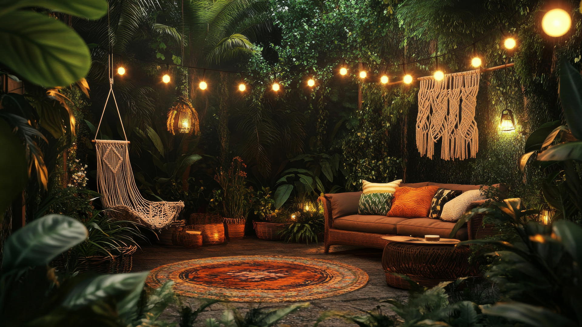 summer aesthetic wallpaper with fairy lights, macrame decor, and cozy outdoor seating