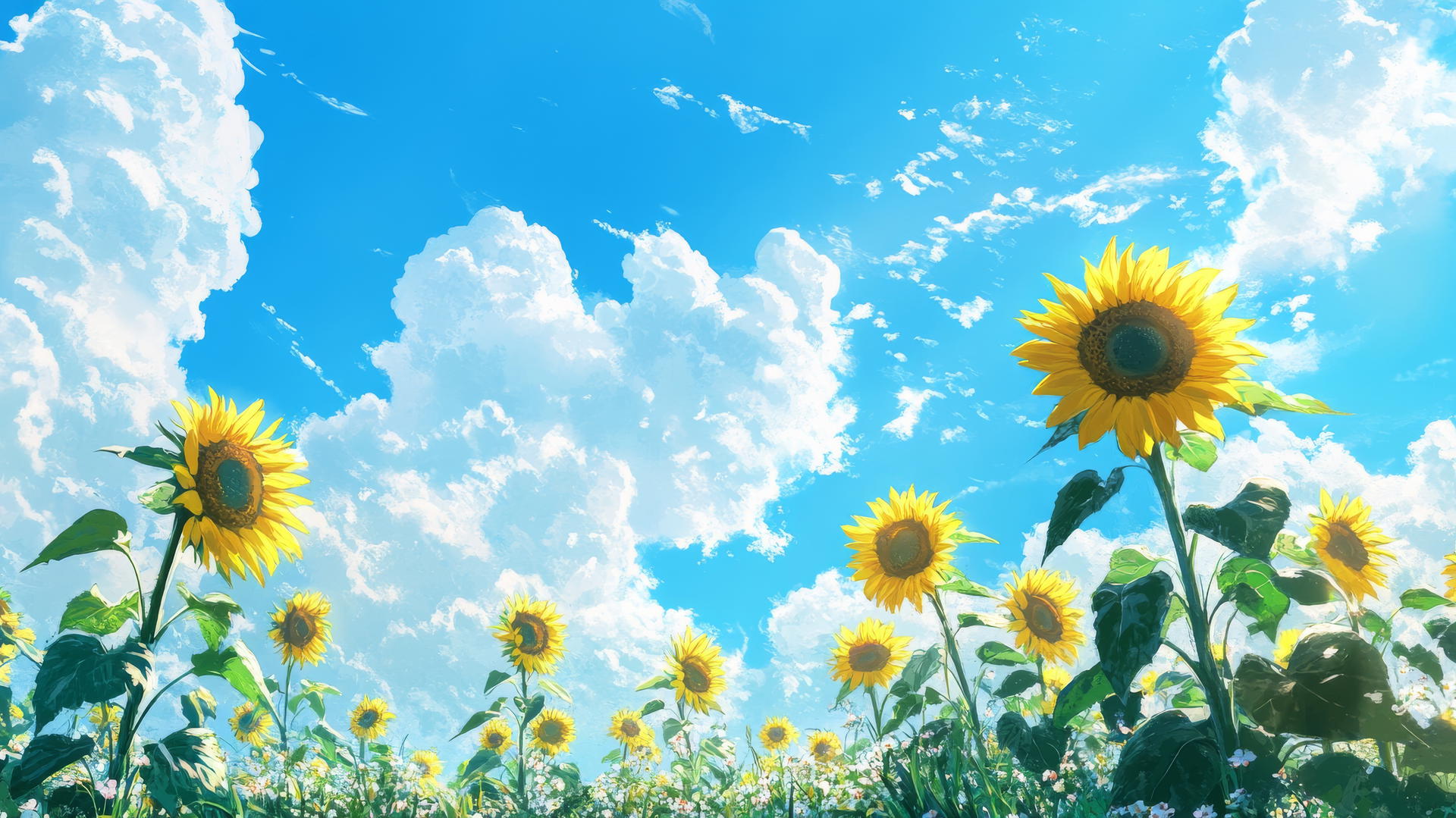 summer aesthetic wallpaper with sunflowers under a bright blue sky and fluffy white clouds