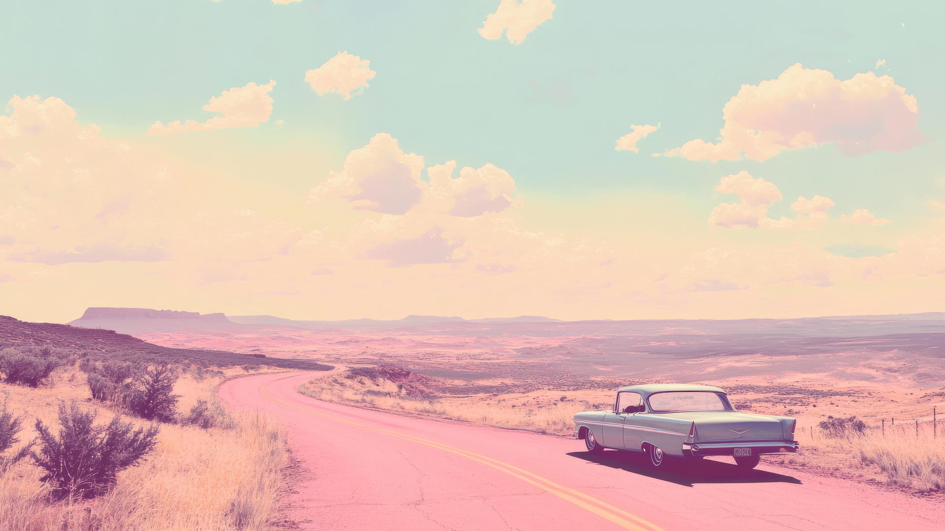 nostalgic summer wallpaper aesthetic with vintage car by winding road in desert
