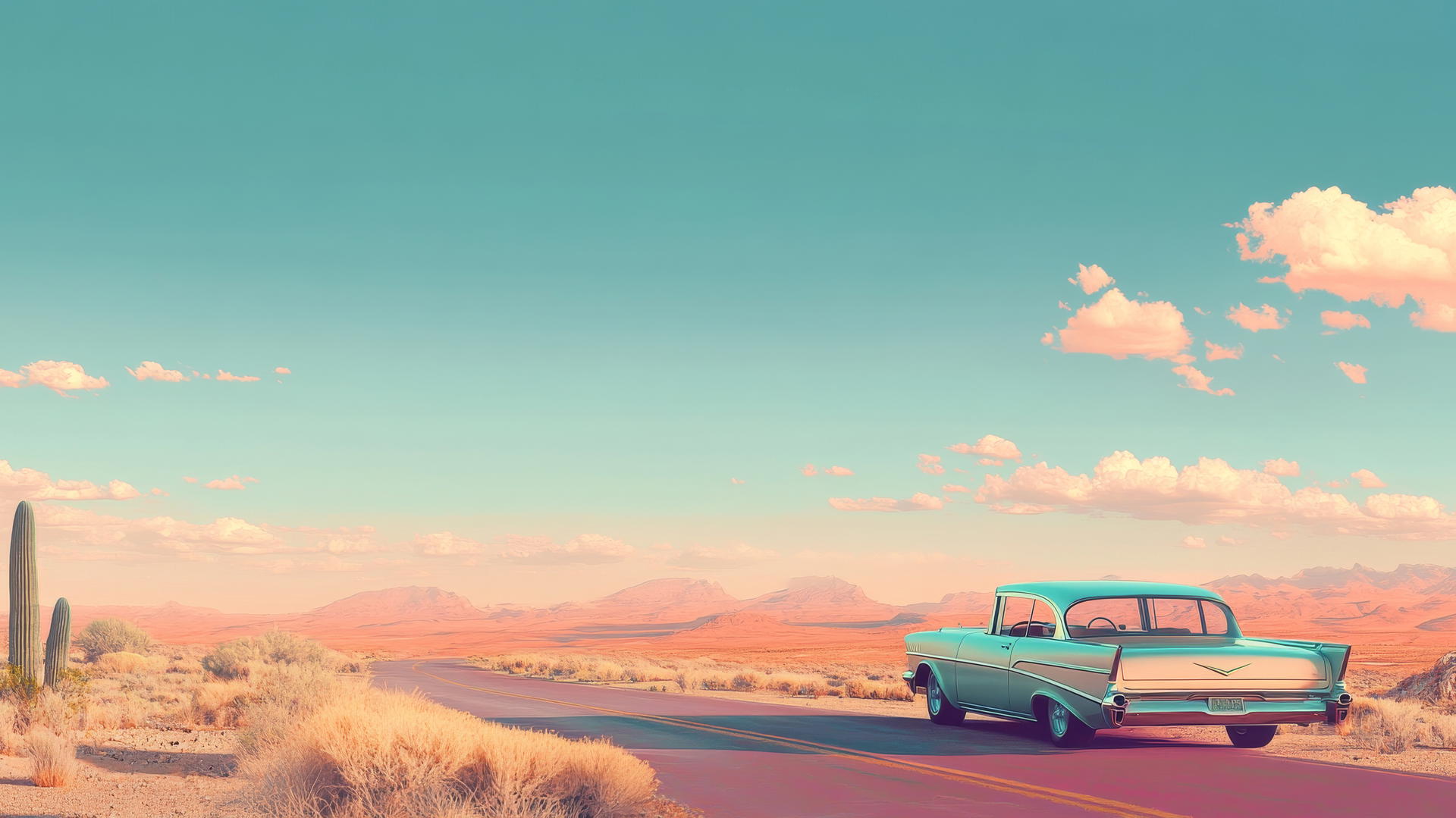 summer wallpaper aesthetic with vintage road trip, classic car, desert landscape