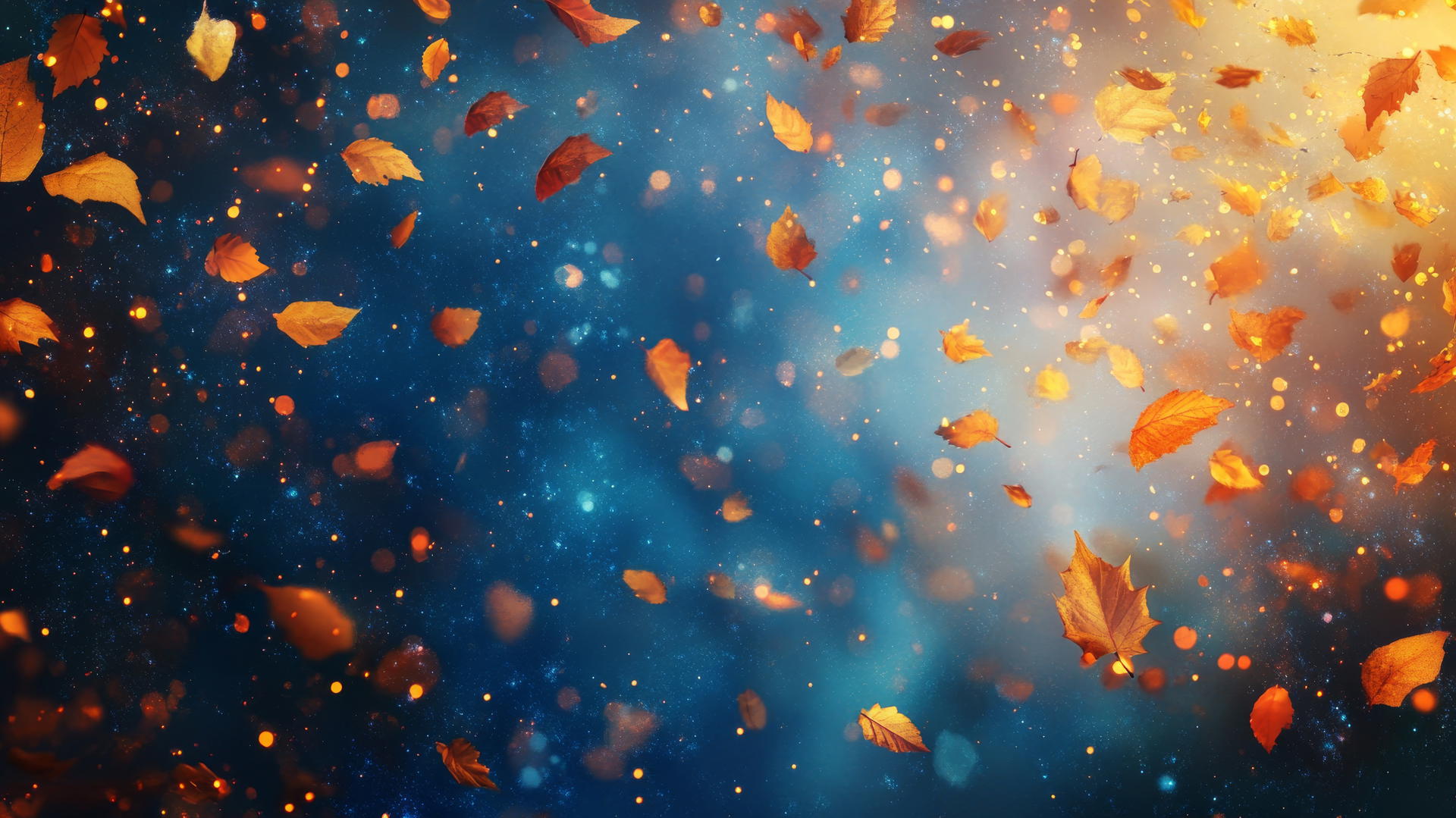 thanksgiving wallpaper with falling autumn leaves and swirling golden light against a twilight sky