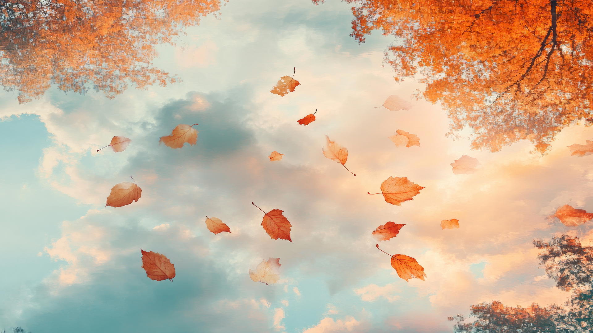 Aesthetic Thanksgiving wallpaper with golden leaves floating above a mirror-like pond reflecting a pastel autumn sky.