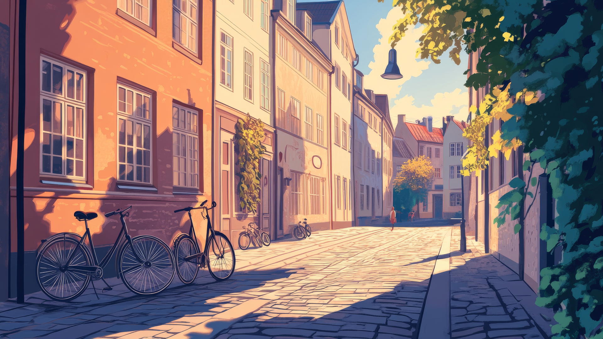 summer aesthetic wallpaper with pastel cityscape and bikes on cobblestone streets