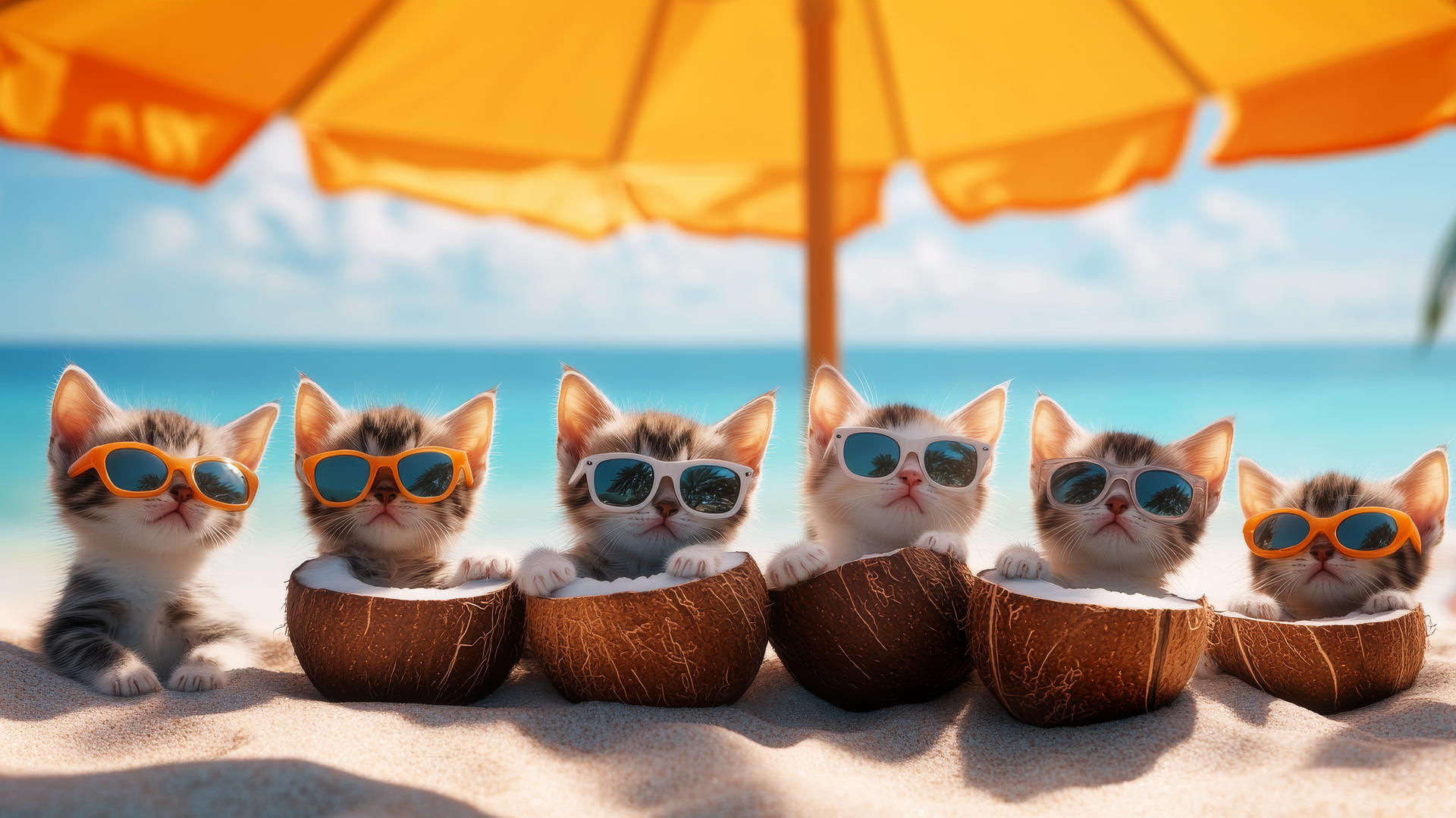 Cute summer wallpaper with playful kittens lounging under a beach umbrella.