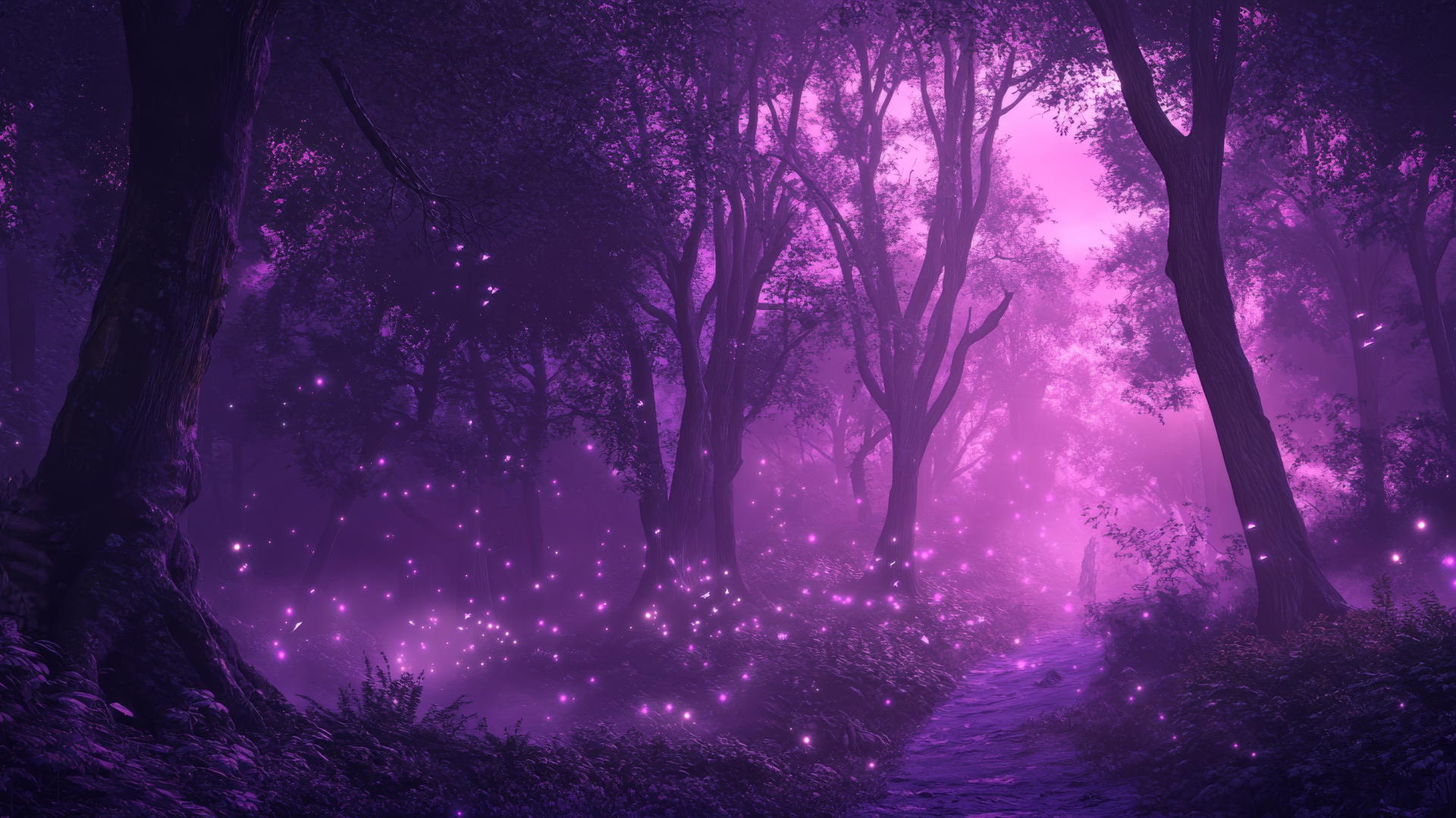 Aesthetic purple wallpaper of a mystical forest with mist and enchanted fireflies