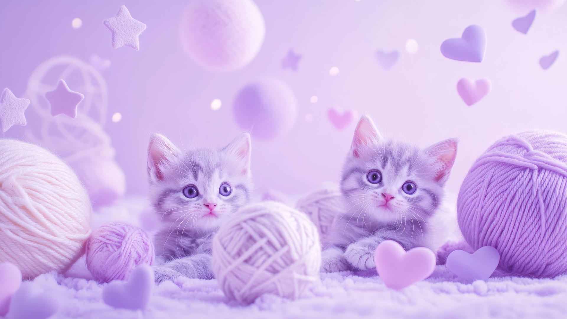 Cute purple aesthetic wallpaper with kittens playing with yarn balls