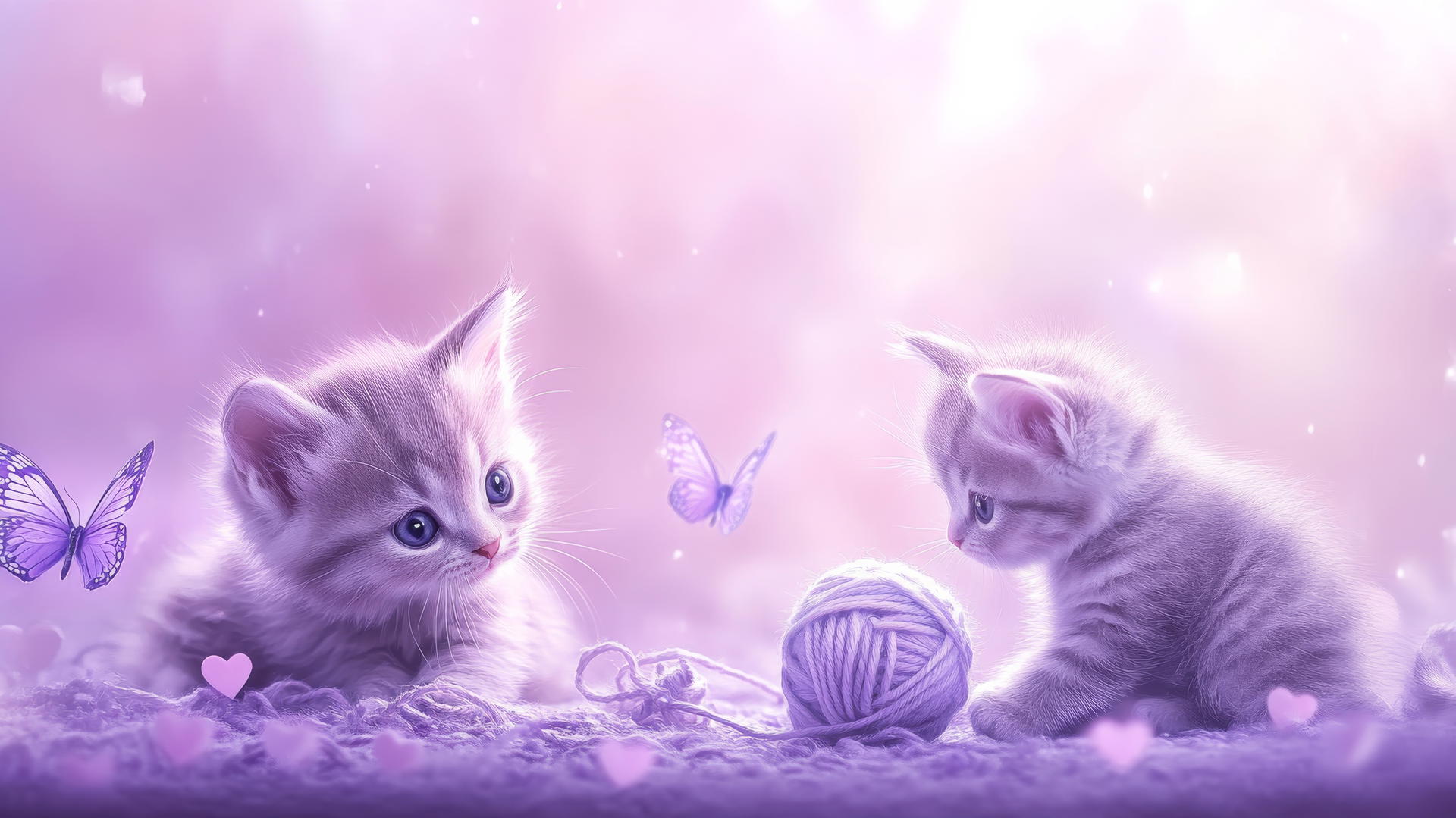 cute purple wallpaper with kittens playing with yarn balls, hearts, and butterflies