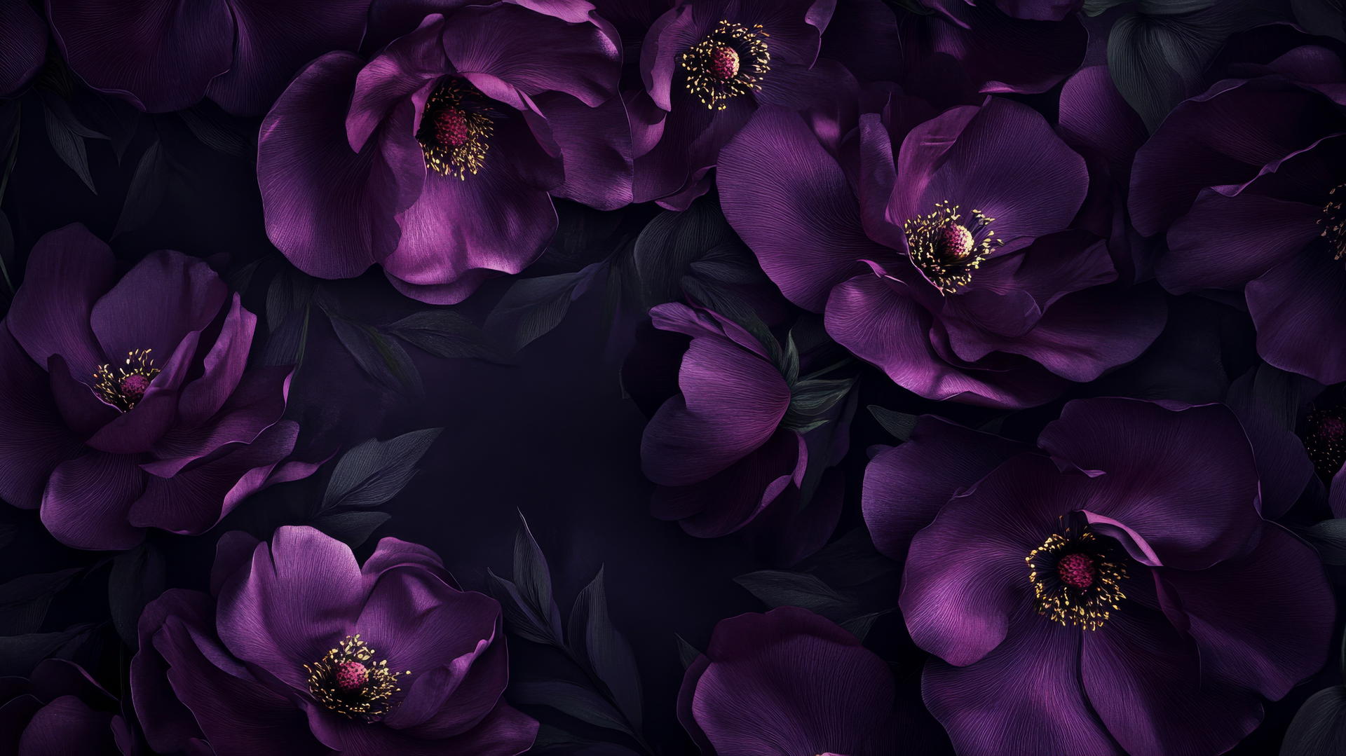 Dark purple flower wallpaper with velvet-like textures and shadowy background