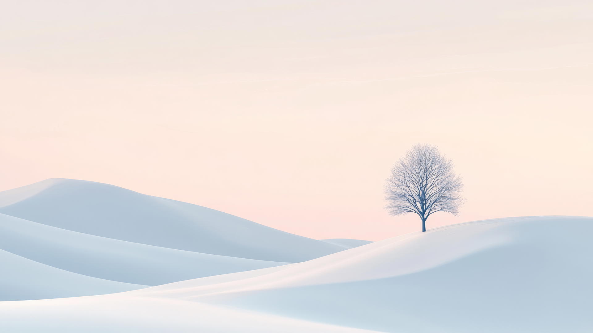 winter aesthetic wallpaper with snow-covered hills, distant tree, pastel skies