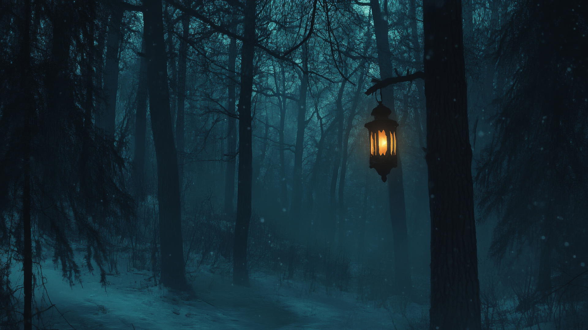 Moody winter forest at dusk with deep shadows and lantern glow, winter aesthetic wallpaper
