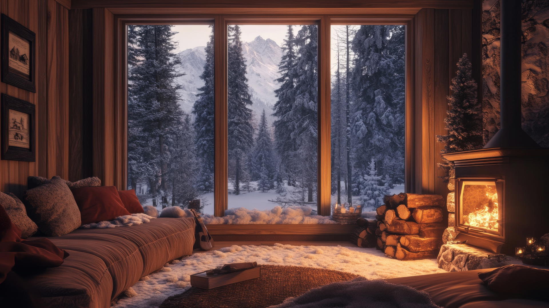 aesthetic winter wallpaper of a cozy cabin with a snowy forest view and fireplace