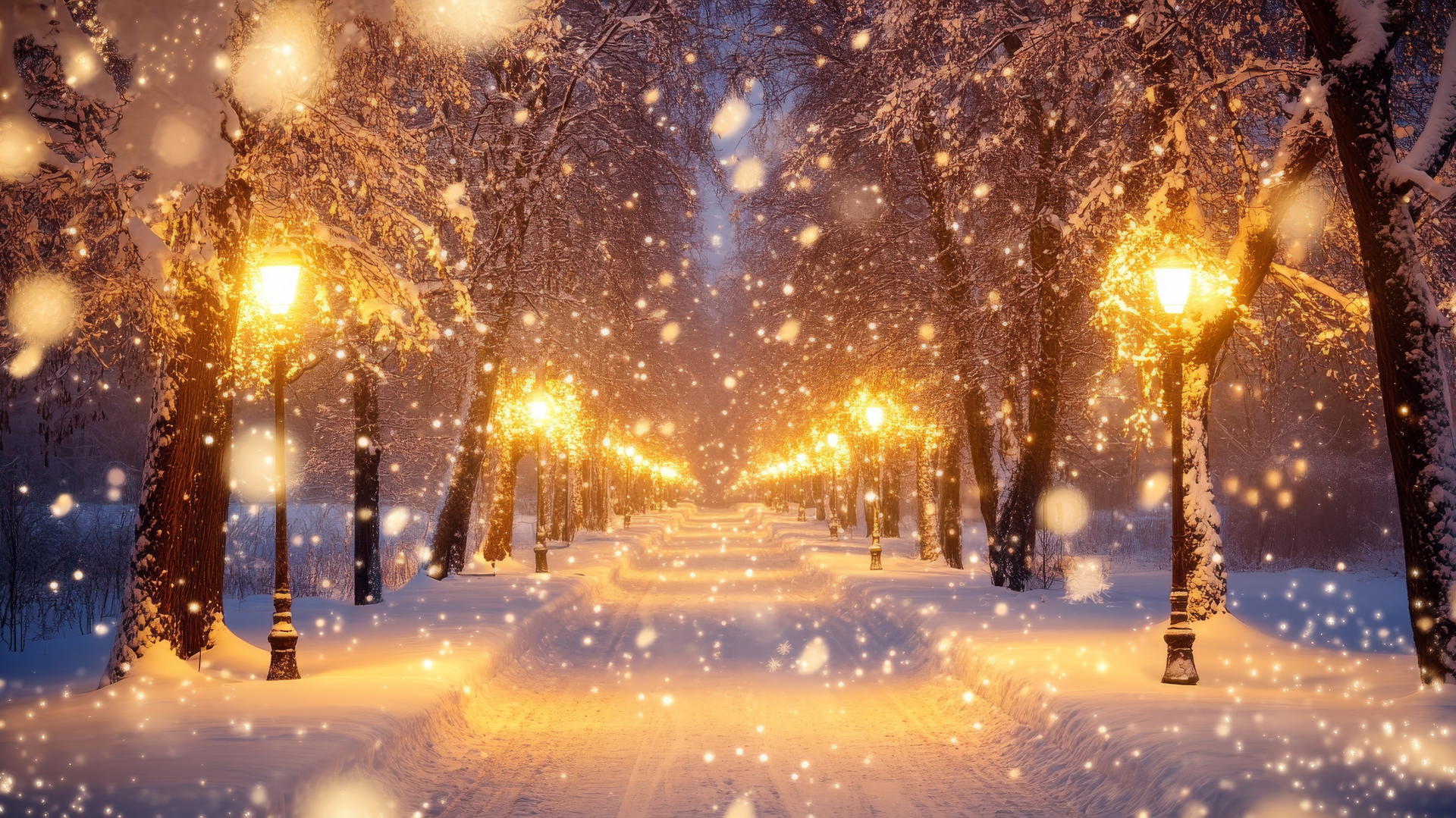 winter wallpaper showing a snowy pathway with frost-covered trees and golden streetlights