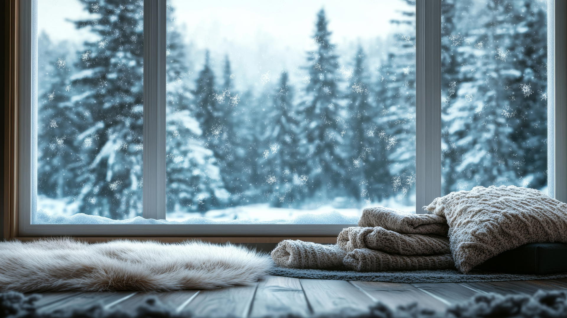 cozy winter iPhone wallpaper featuring a soft, furry rug, bay window with snowy pine trees, and cozy socks