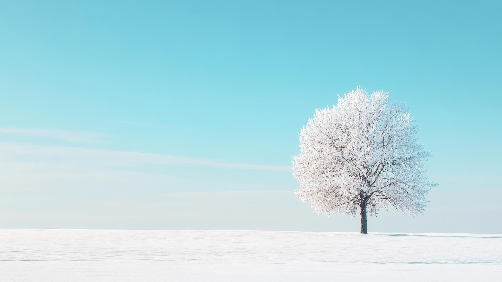 minimalist winter scene with a single snow-covered tree in an open field, winter wallpaper aesthetic