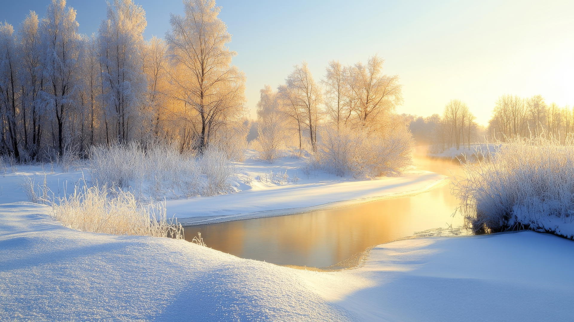 winter wonderland wallpaper with snow-covered meadow, river, and frosted trees