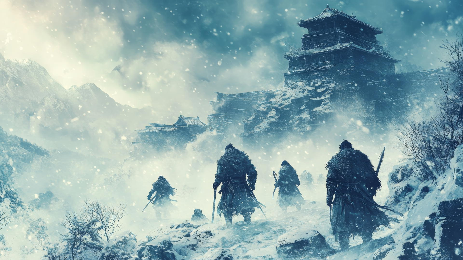 winter background wallpaper with warriors in fur amid snowstorm and ancient ruins in snow