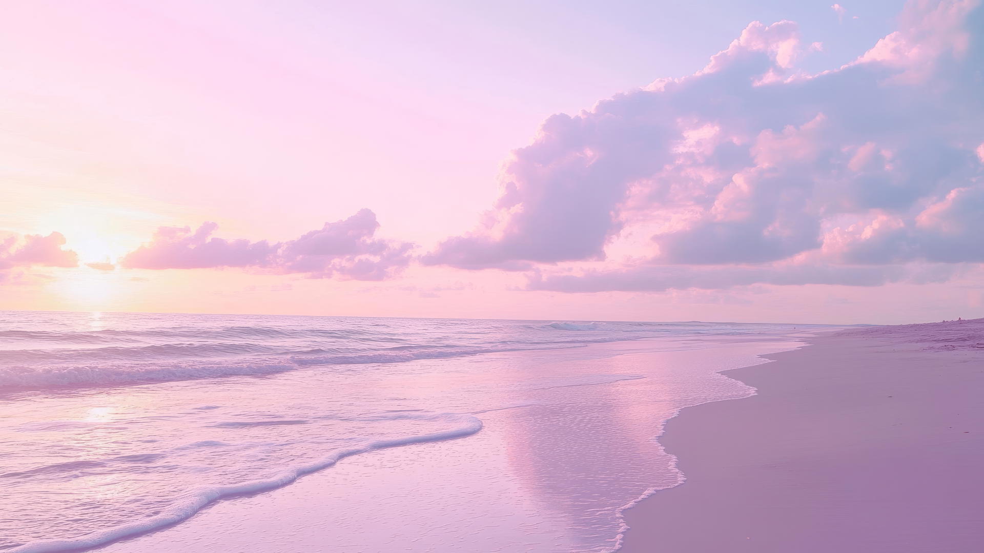 soft pastel-toned beach aesthetic wallpaper with pink and lavender skies