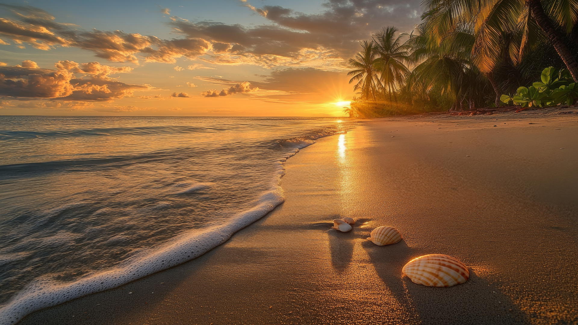 tropical beach wallpaper at sunrise with golden light, palm trees, and seashells