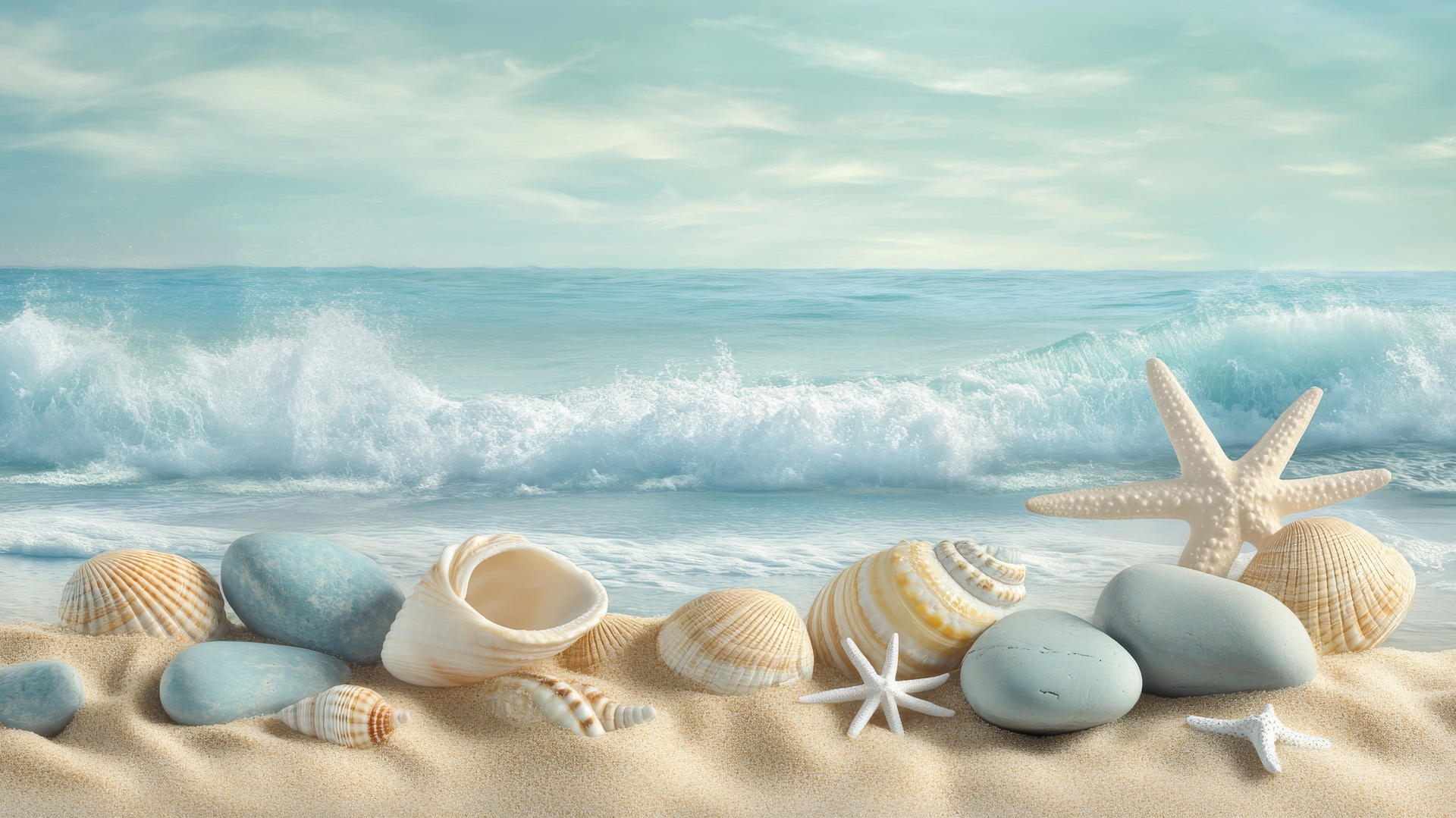 beach themed wallpaper with seashells, starfish, stones, and ocean waves