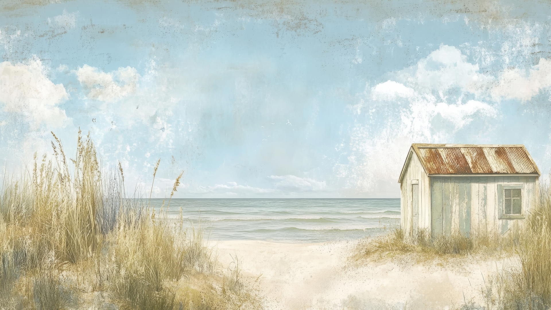 beach themed wallpaper with vintage-style beach cabins, faded hues