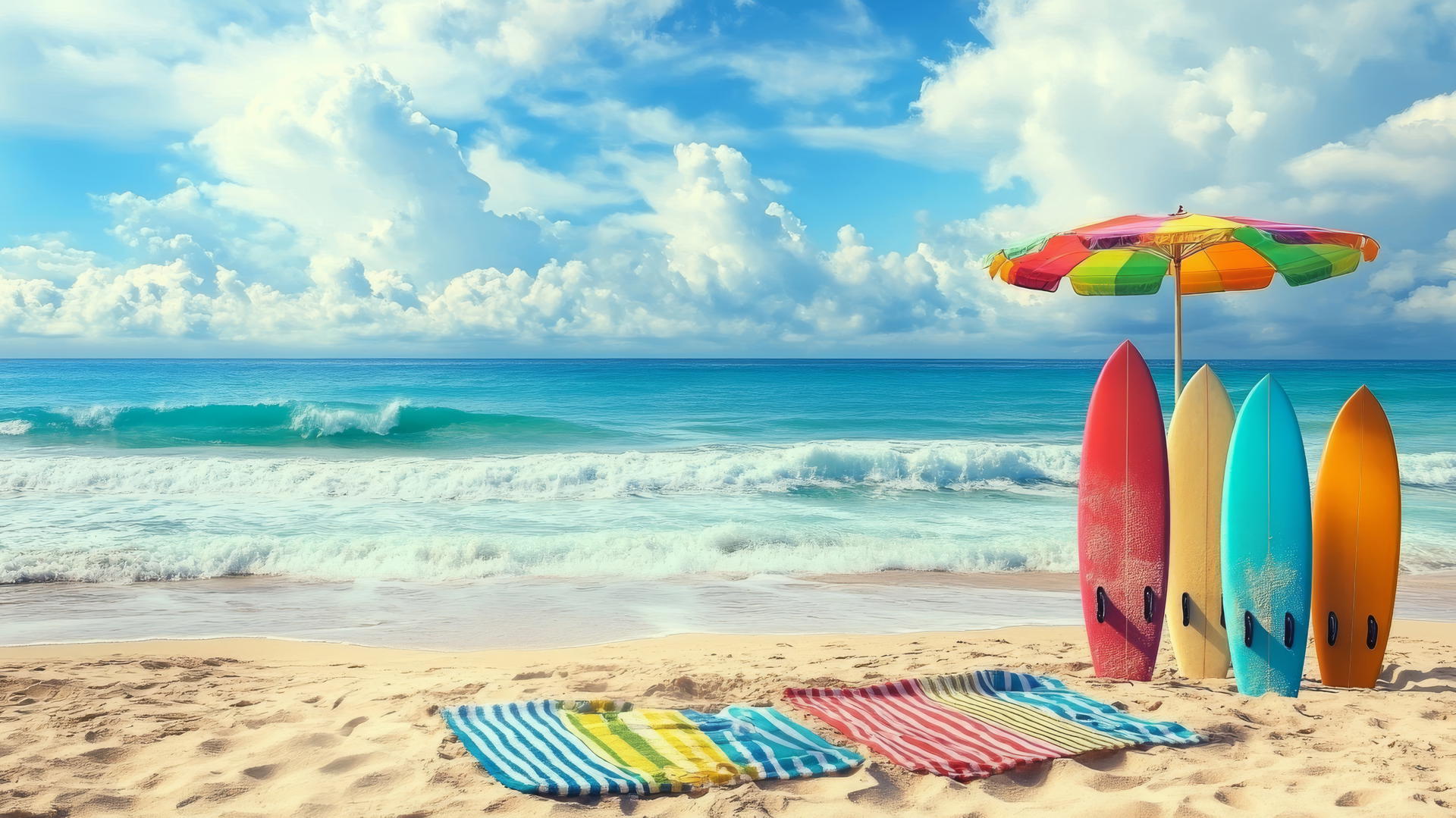beach theme wallpaper with colorful surfboards, towels, and striped umbrellas