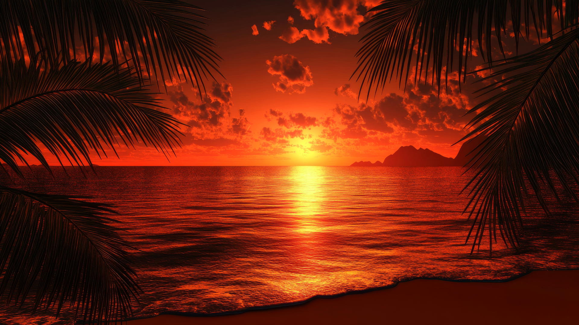 tropical beach wallpaper with fiery orange sunset, glowing ocean, and palm tree silhouettes