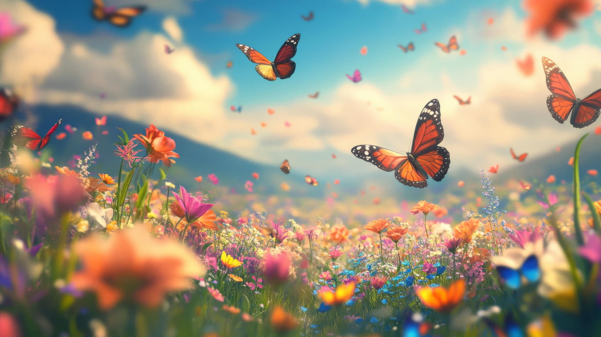 spring wallpaper with butterflies fluttering over a colorful flower field