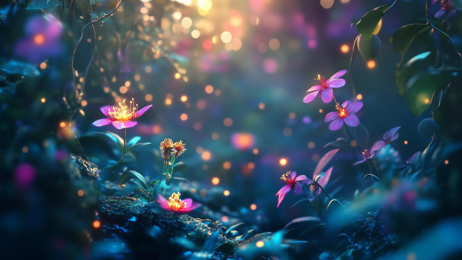 spring wallpaper with a glowing forest and magical flowers