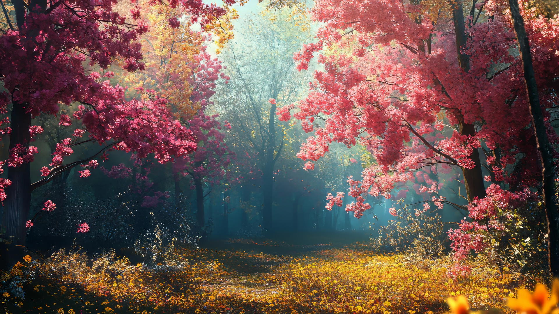 spring wallpaper with colorful blossoming trees and soft sunlight