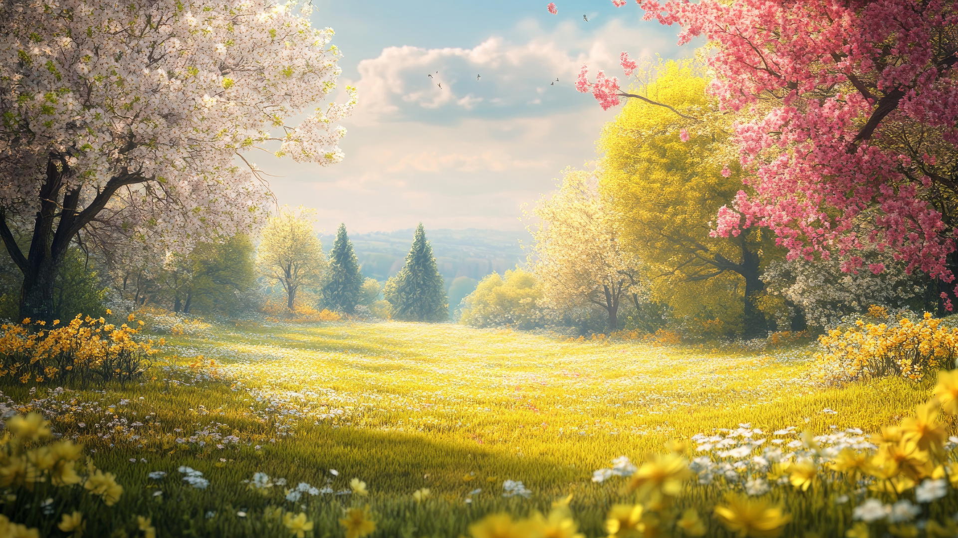 A sunny meadow with blossoming trees and vibrant flowers, spring background wallpaper