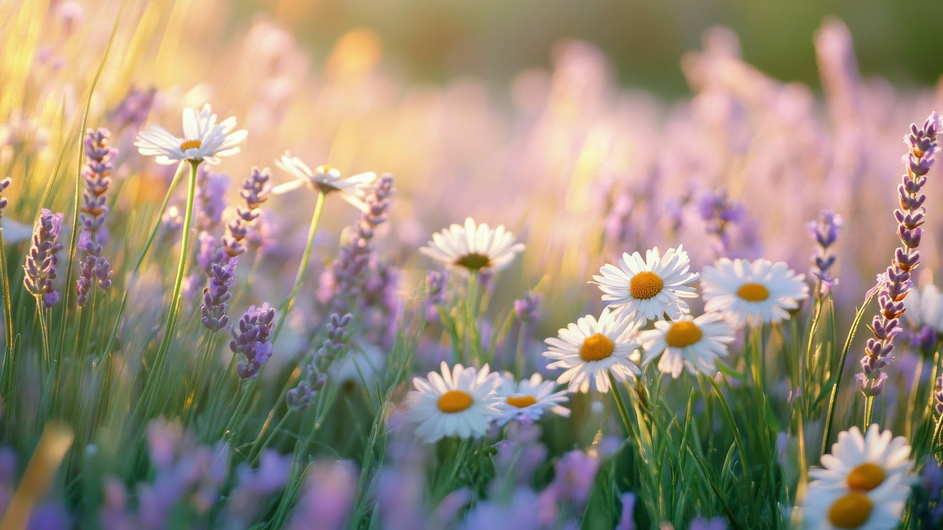 sunlit field of daisies and lavender with a gentle breeze - spring background wallpaper