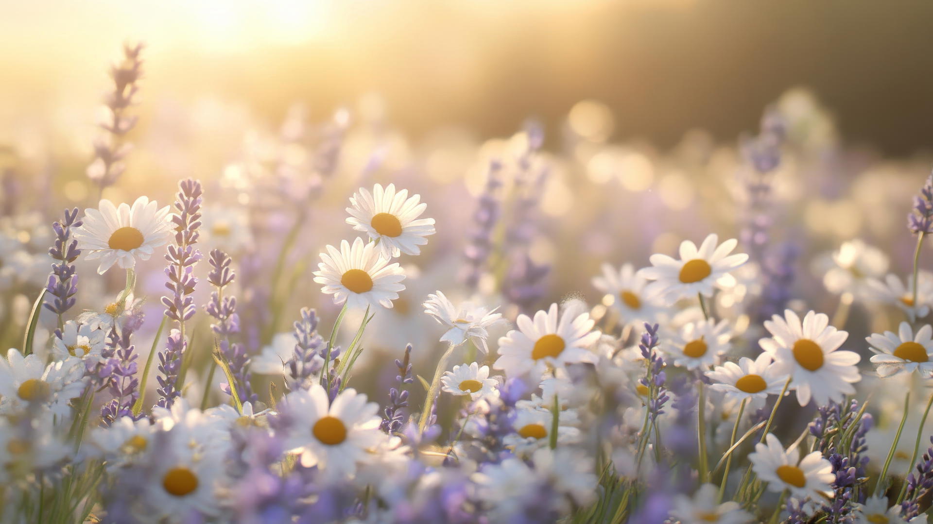 spring background wallpaper with daisies and lavender swaying in a gentle breeze