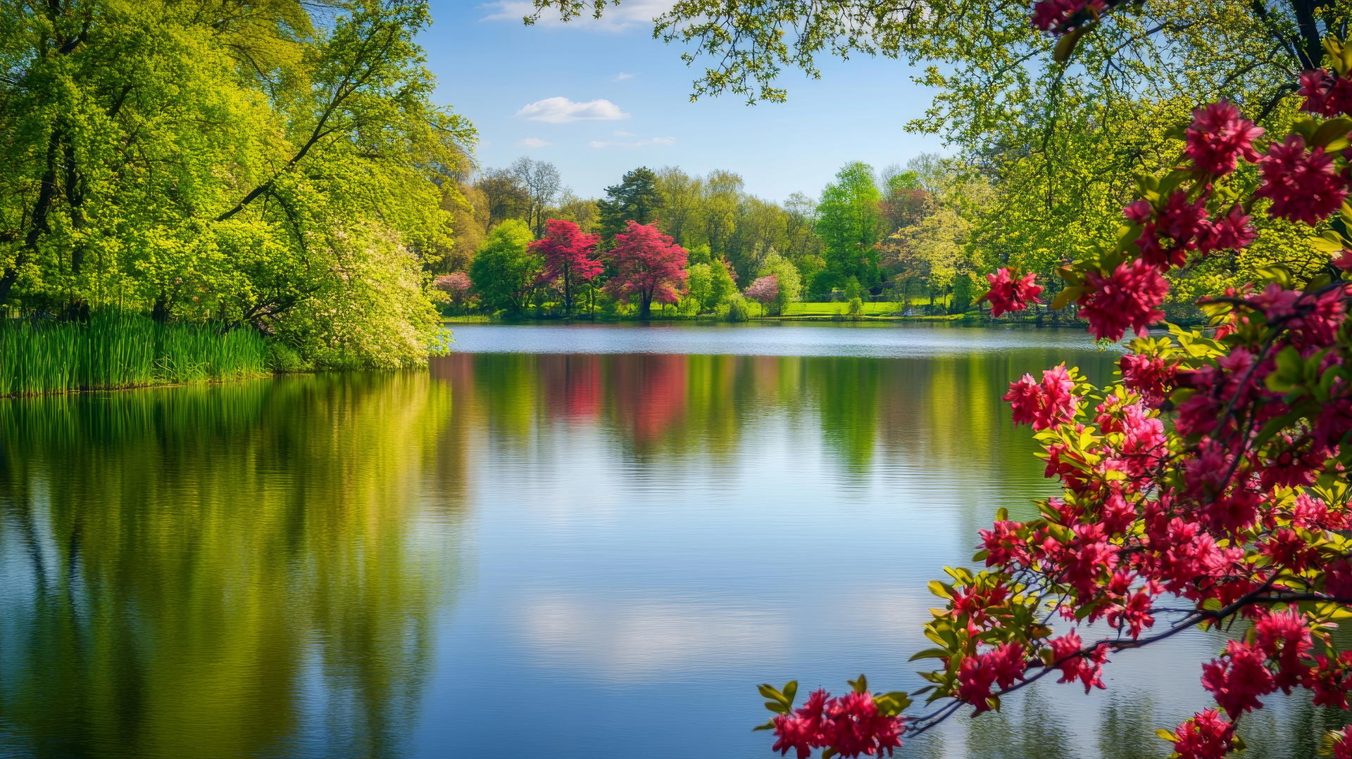 spring background wallpaper featuring a lake surrounded by flowering trees and greenery