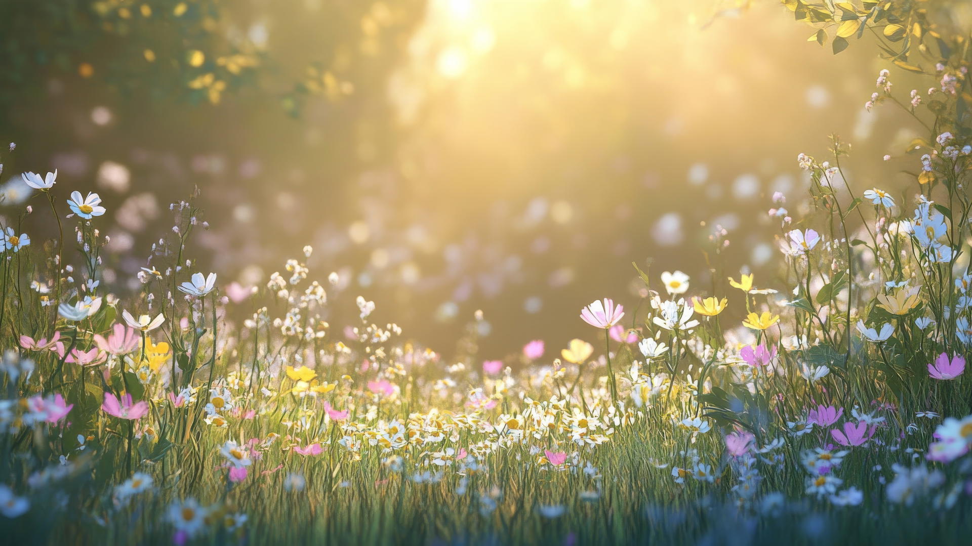 spring background wallpaper, meadow at dawn with blooming wildflowers
